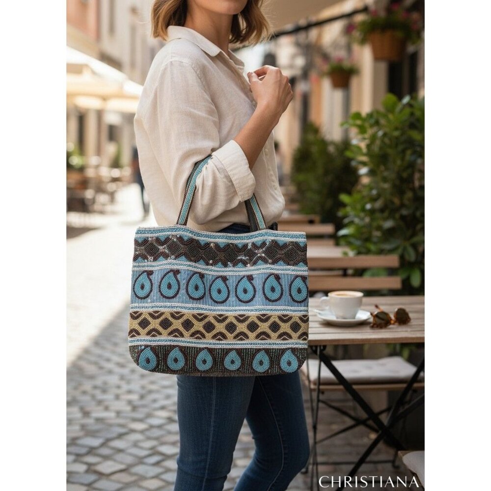 Christiana Beaded Boho Shoulder Bag 13"x10" With 6.5" Drop Multicolor Teardrop & - Picture 2 of 13